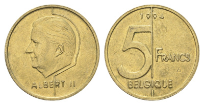 Бельгия 5 франков 1994 Belgique, Альберт II KM 189 алюминиевая бронза 4706-351