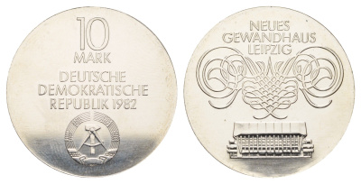ГДР 10 марок 1982 А, Открытие нового Гевандхаус KM 87 серебро UNC 1099-2-71