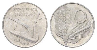Италия 10 лир 1968 R, плуг, колосья KM 93 алюминий 4704-536