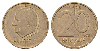 Бельгия 20 франков 1998 Belgique, Альберт II KM 191 никель бронза 4704-1144