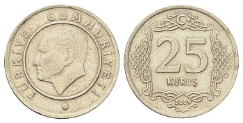 Турция 25 курушей 2009 Кемаль Ататюрк KM 1242 медь цинк никель 4702-616