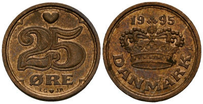 Дания 25 эре 1995 Маргрете II (1972- ) KM 868 бронза 4173-752
