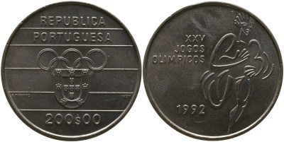 Португалия 200 эскудо 1992 INCM, XXV летние Олимпийские Игры, Барселона 1992 KM 662 медно-никель aUNC 118-1015