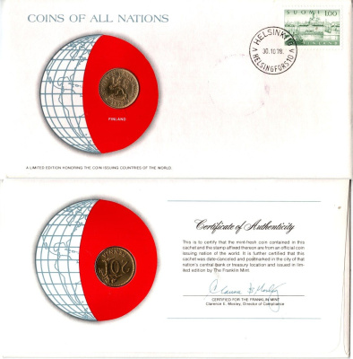 Финляндия 20 пенни 1978 конверт с маркой первого дня гашения, Coins of Nations KM 47 алюминиевая бронза UNC 9-1-01-75