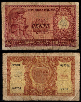 Италия 100 лир 1951 Pick 92 a бумага 7221-64-1-1