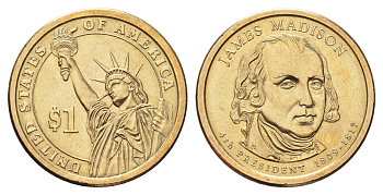 США 1 доллар 2007 P, серия президенты США, Джеймс Мэдисон (1809-1817) KM 404 медь с марганцево-латунным покрытием UNC 4704-213