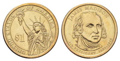 США 1 доллар 2007 P, серия президенты США, Джеймс Мэдисон (1809-1817) KM 404 медь с марганцево-латунным покрытием UNC 4704-213