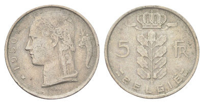 Бельгия 5 франков 1950 Belgie, Бодуэн I (1951-1993) KM 135 медно-никель 4704-1114