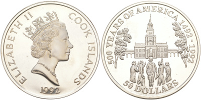 ОСТРОВА КУКА 50 ДОЛЛАРОВ 1992 500 ЛЕТ ОТКРЫТИЮ АМЕРИКИ, ИНДЕПЕНДЕНС-ХОЛЛ, ВЕС 31,1035 ГР. KM 200 серебро PROOF 1074-7-13