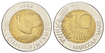 Финляндия 10 марок 1998 KM 77 биметалл aUNC 4666-842