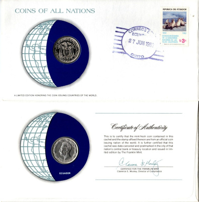 Эквадор 1 сукре 1980 конверт с маркой первого дня гашения, Coins of Nations KM 78b сталь плакированная никелем UNC 9-1-01-84