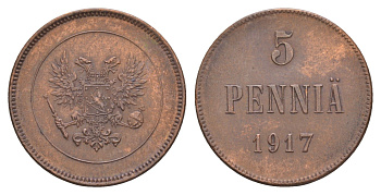 Россия для Финляндии 5 пенни 1917 временное правительство (03.1917-10.1917), без короны Биткин GSF4 медь 4657-615