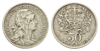 Португалия 50 сентаво 1938 голова Свободы вправо KM 577 никель латунь 4660-946