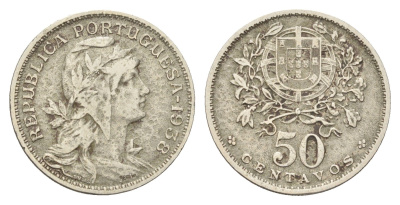 Португалия 50 сентаво 1938 голова Свободы вправо KM 577 никель латунь 4660-946