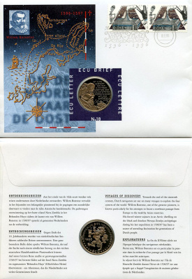 Нидерланды 1 экю 1996 Открытия, в оригинальном конверте, с марками, первый день гашения X 218 медно-никель BU 4-3-8-10