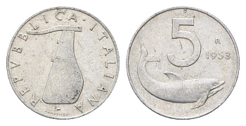 Италия 5 лир 1953 R, дельфин, плуг KM 92 алюминий 4705-155