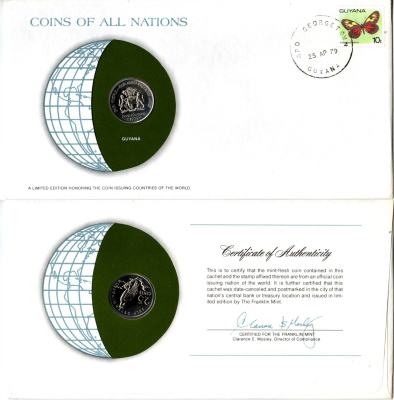 Гайана 25 центов 1979 конверт с маркой первого дня гашения, Coins of Nations KM 40 медно-никель BU 4294-59-3