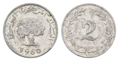 Тунис 2 миллима 1960 год-тип, пробковый дуб KM 281 алюминий 4705-651