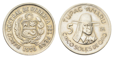 Перу 5 солей 1976 Тупак Амару II KM 267 медно-никель UNC 4676-123
