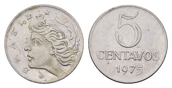 Бразилия 5 сентаво 1975 редкий год KM 577.2 нержавеющая сталь 441-1422