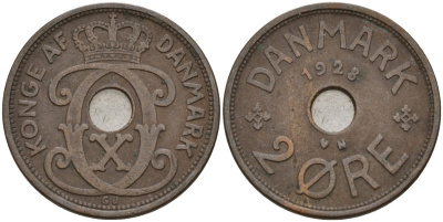 Дания 2 эре 1928 Кристиан X (1912-1947) KM 827 бронза 4147-452