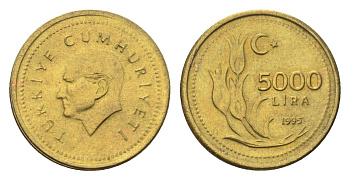 Турция 5000 лир 1995 Кемаль Ататюрк KM 1029.1 латунь UNC 4705-961