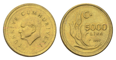 Турция 5000 лир 1995 Кемаль Ататюрк KM 1029.1 латунь UNC 4705-961