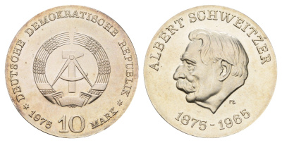 ГДР 10 марок 1975 А, 100 лет со дня рождения Альберта Швейцера KM 56, J. 1554 серебро UNC 1099-2-41