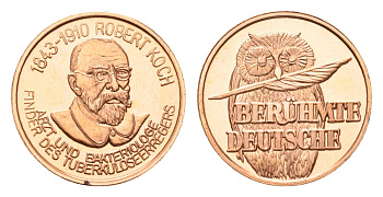 ФРГ медаль из серии знаменитые немцы - Роберт Кох (1816-1892) - исследователь туберкулеза 1980-ые диаметр 18 мм, вес 2,3 гр алюминий плакированный медью UNC 4625-842
