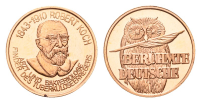 ФРГ медаль из серии знаменитые немцы - Роберт Кох (1816-1892) - исследователь туберкулеза 1980-ые диаметр 18 мм, вес 2,3 гр алюминий плакированный медью UNC 4625-842