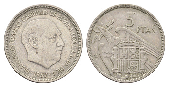 Испания 5 песет 1957 (59) Франциско Франко (1939-1975) KM 786 медно-никель 4704-257