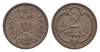 Австрия 2 геллера 1910 Франц Иосиф I (1848-1916) KM 2801 бронза 4702-367