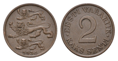 Эстония 2 сентов 1934 год-тип KM 15 бронза 26-813