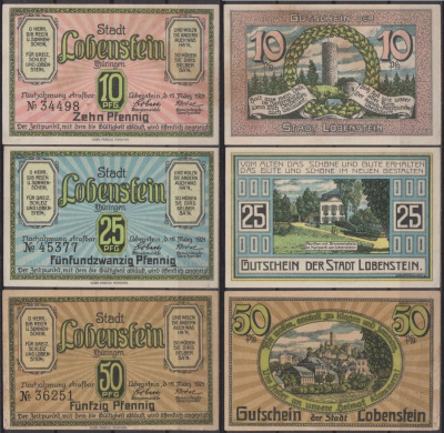 Лобенштайн полный набор из 3 нотгельдов (10, 25 и 50 пфеннигов) 1921 DeNG 2 809.1 бумага UNC (пресс) 7556-48-2-2