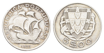 Португалия 5 эскудо 1933 KM 581 серебро 4660-953