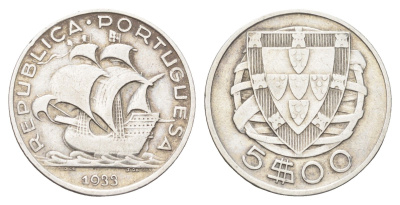 Португалия 5 эскудо 1933 KM 581 серебро 4660-953