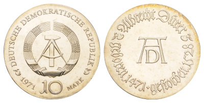 ГДР 10 марок 1971 А, 500 лет со дня рождения Альбрехта Дюрера KM 31, J. 1532 серебро UNC 1099-1-52