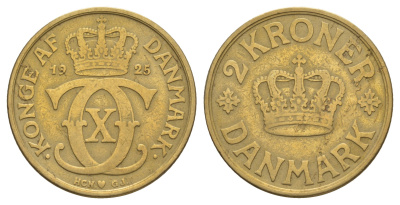 Дания 2 кроны 1925 HCN; GJ, Кристиан X (1912-1947) KM 825 алюминиевая бронза 97-343
