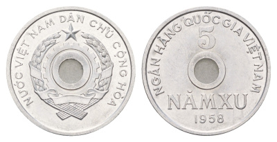 Северный Вьетнам 5 су 1958 год-тип KM 7 алюминий UNC 4657-722