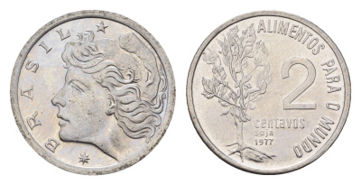 Бразилия 2 сентаво 1977 ФАО - Соя, редкий год KM 586 нержавеющая сталь UNC 4685-826