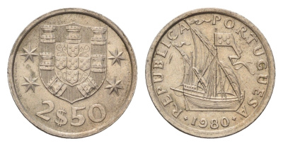 Португалия 2,5 эскудо 1980 парусник KM 590 медно-никель 4708-358