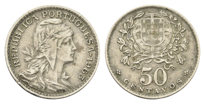 Португалия 50 сентаво 1963 голова Свободы вправо, редкий год KM 577 никель латунь 4659-644