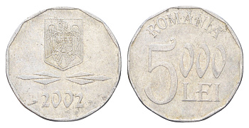 Румыния 5000 лей (леев) 2002 KM 158 алюминий 4706-854