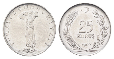 Турция 25 курушей 1969 KM 892.3 нержавеющая сталь 4706-1126