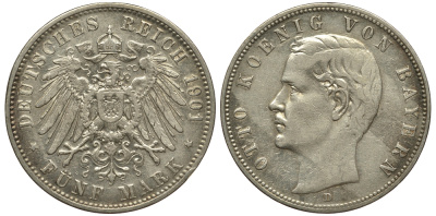 Бавария 5 марок 1901 D, Отто (1886-1913) Weege 47, J. 46, KM 512 серебро 413-5445