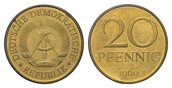 ГДР 20 пфеннигов 1969 KM 11 латунь UNC 4695-1026