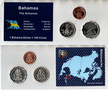 Багамские Острова (Багамы) набор из 3 монет (1, 5 и 10) 2005, 2007 и 2009 в красочной упаковке с информацией о стране KM 60, 61, 62 UNC 5-4-1-64