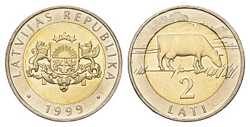 Латвия 2 лата 1999 корова KM 38 биметалл UNC 4650-241
