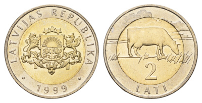 Латвия 2 лата 1999 корова KM 38 биметалл UNC 4650-241