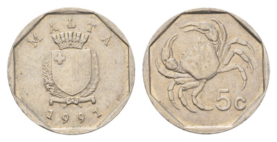 Мальта 5 центов 1991 краб KM 95 медно-никель 4702-511